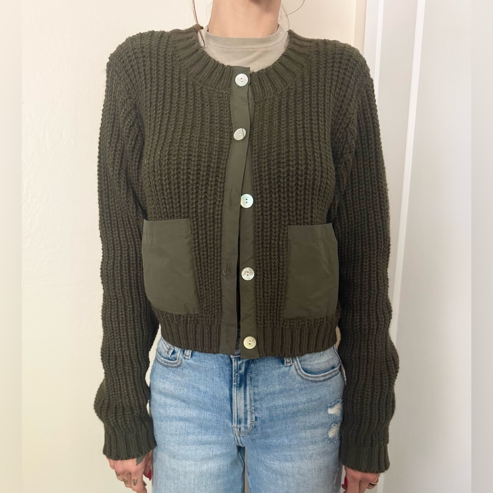 Zara Green Cardigan Military Sweater with Ribbed Knit Texture